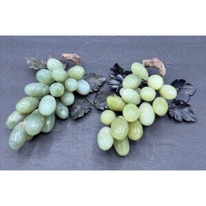 Vintage Set Of 2 1960s MCM Natural Carved Jade Stone Cluster Grapes Home Decor